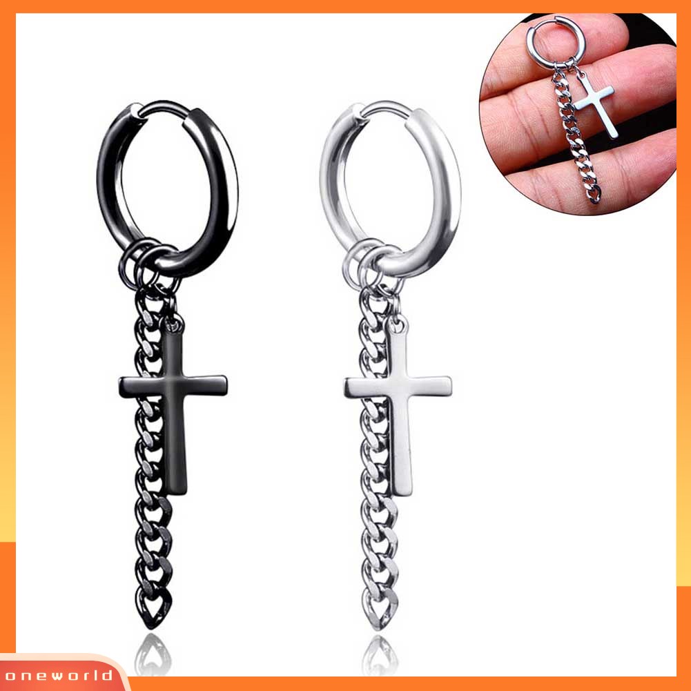 [WOD] 1pc Fashion Pria Rumbai Rantai Cross Pesona Telinga Klip Hoop Huggie Anting Perhiasan