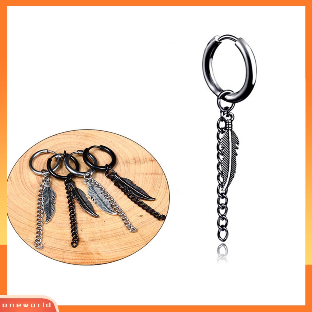 [WOD] 1pcs Fashion Rantai Panjang Klip Telinga Stainless Steel Piercing Loop Hoop Earring Untuk Pria