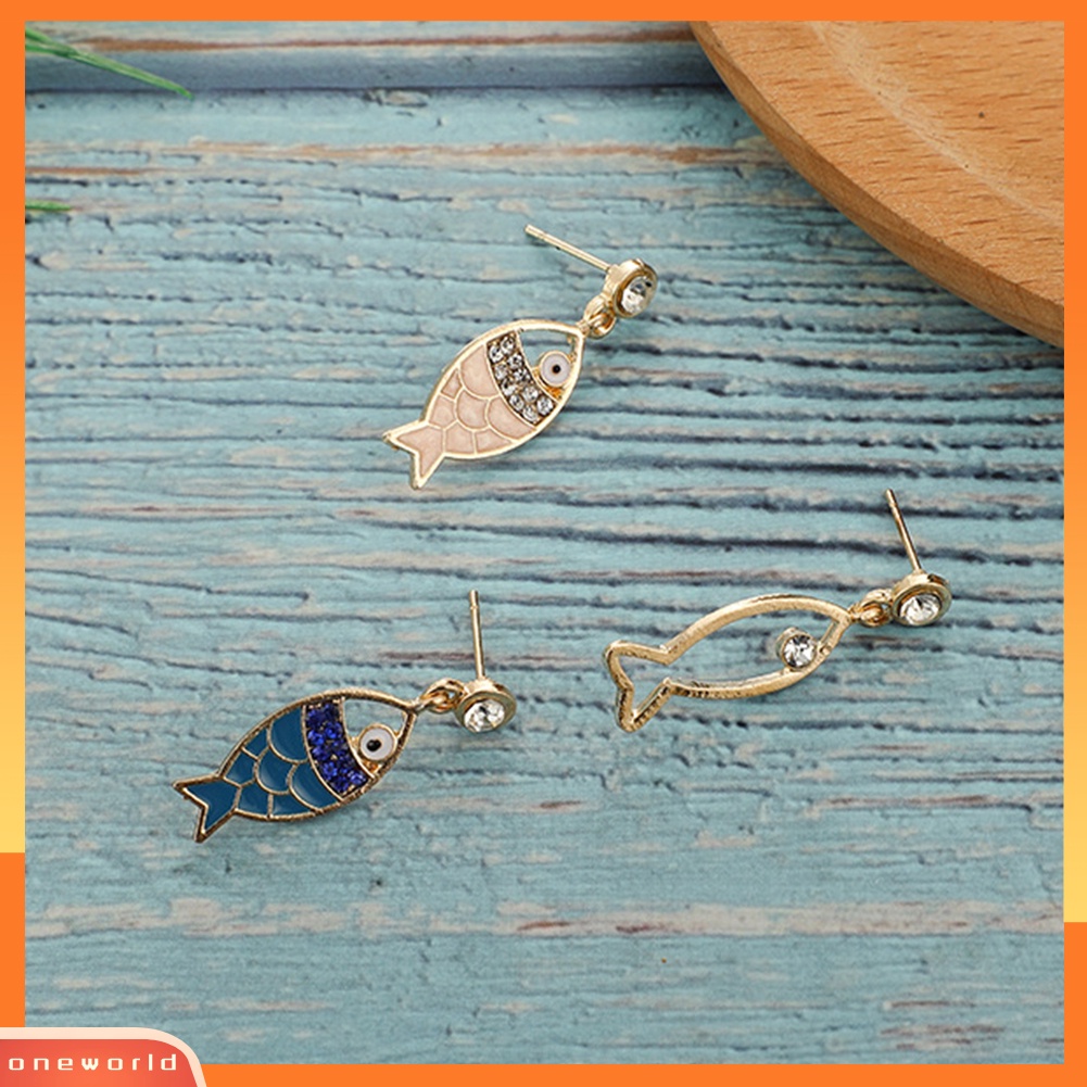 [WOD] 3pcs/set Bohemian Berongga Ikan Berlian Imitasi Pesona Stud Anting Wanita Perhiasan Hadiah