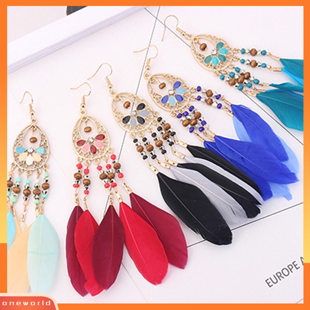 [WOD] Boho Wanita Berongga Manik-Manik Oval Warna-Warni Bulu Rumbai Drop Statement Earrings