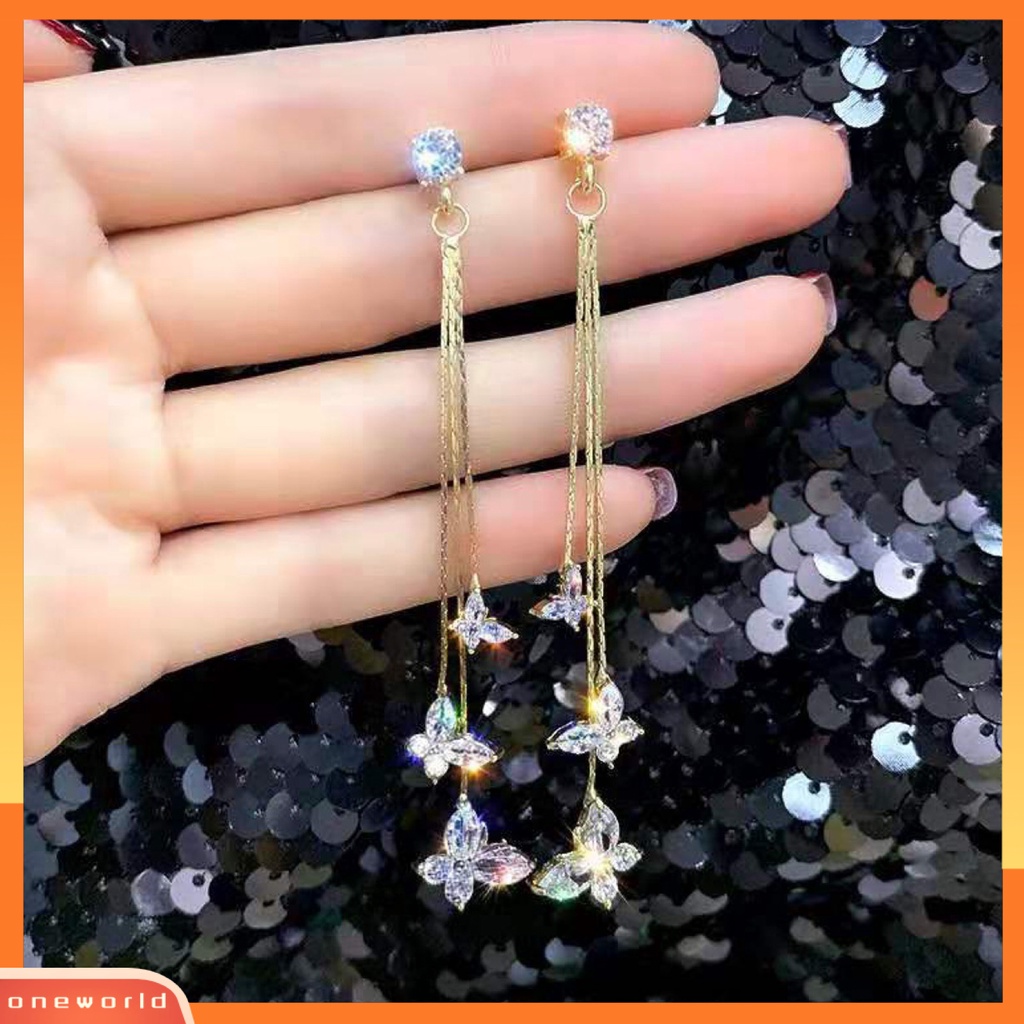 [WOD] 1pasang Wanita Linear Anting Gaya Bohemia Mengkilap Cubic Zirconia Rumbai Bentuk Kupu-Kupu Drop Earrings Perhiasan Pacaran