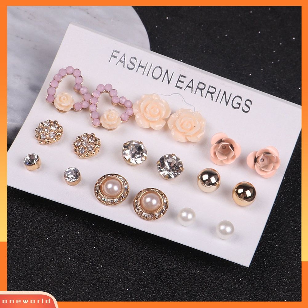 [WOD] 9pasang Wanita Fashion Perhiasan Berlian Imitasi Mengkilap Mutiara Imitasi Stud Earrings Hadiah