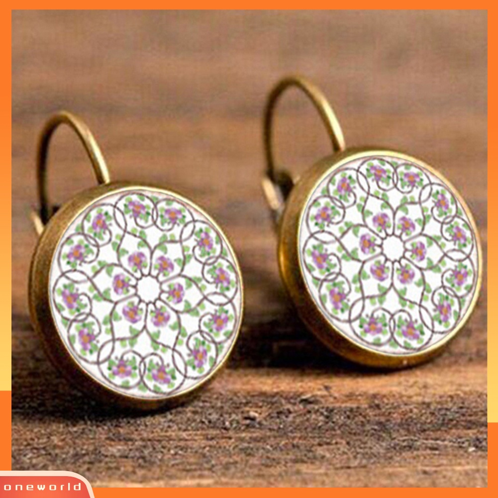 [WOD] Multicolor Mandala Bunga Lingkaran Permata Imitasi Ear Studs Wanita Leaverback Earrings
