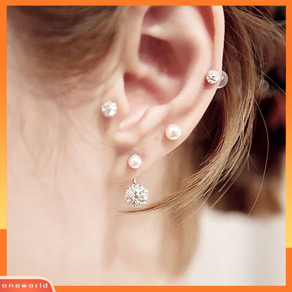 [WOD] 1pasang Ear Studs Faux Pearl Decor Jewelry Alloy Wanita Anting Tusuk Depan Belakang Untuk Pesta Ulang Tahun