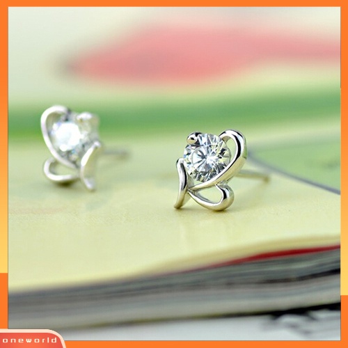 [WOD] Fashion Wanita925 Sterling Perak Hati Bulat Zirkon Telinga Stud Earrings Perhiasan