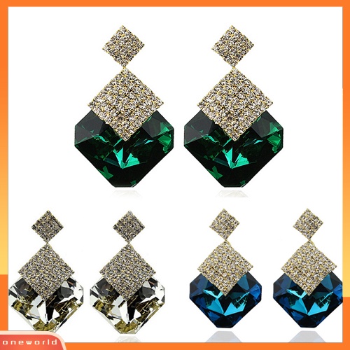 [WOD] Wanita Fashion Mewah Berkilau Besar Persegi Berlian Imitasi Liontin Drop Earrings