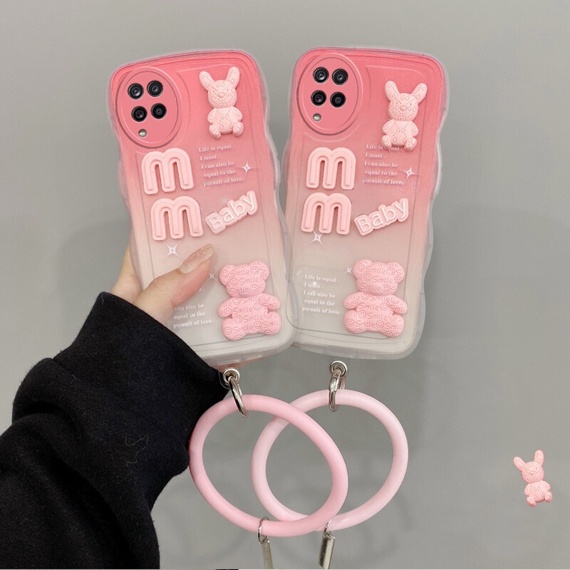 Andyh Desain Baru Untuk Samsung Galaxy A12 M12 F12 5G Case 3D Cute Bear+ Gelang Warna Solid Fashion Premium Gradient Soft Phone Case Silikon Shockproof Casing Pelindung Penutup Belakang