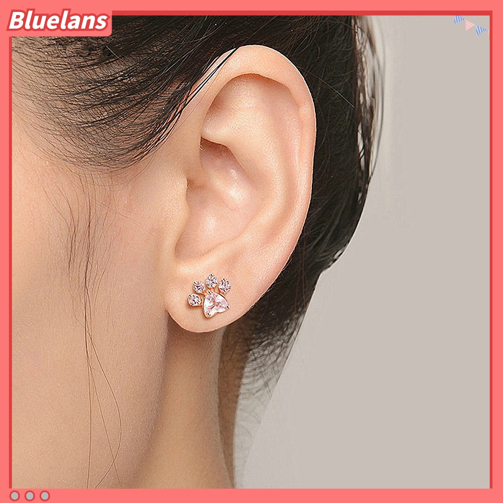 [BLS] Cute Paw Rhinestones Open Adjustable Finger Ring Ear Studs Wanita Hadiah Perhiasan