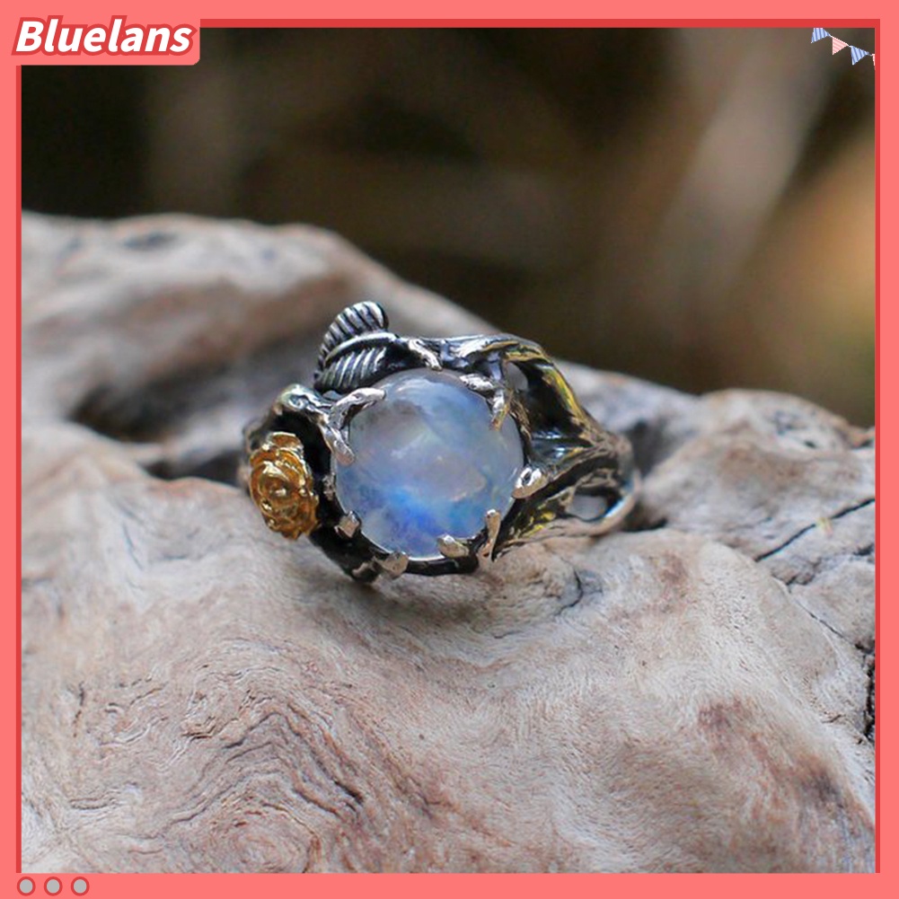 [BLS] Vintage Bulat Faux Moonstone Hias Mawar Daun Wanita Cincin Pesta Perhiasan Dekor