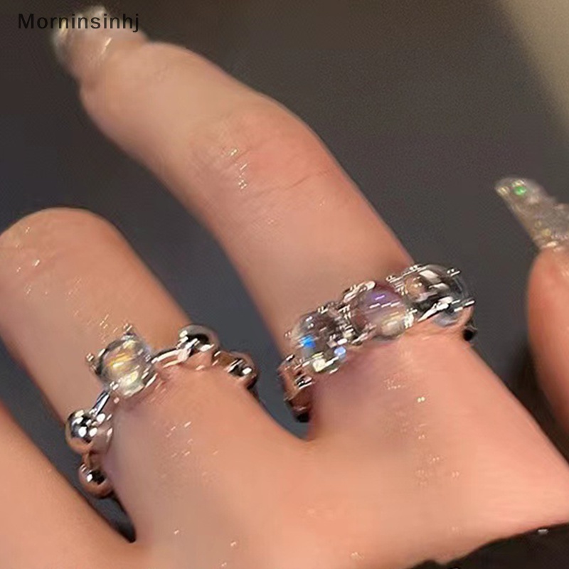 Mornin 2PCS Fashion Berlian Imitasi Mengkilap Pembukaan Paduan Cincin Pasangan Untuk Wanita Pria Vintage Kristal Warna Perak Cincin Yang Dapat Disesuaikan Kekasih Perhiasan id