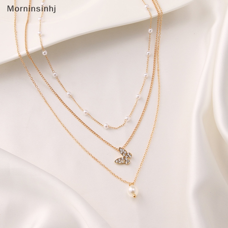 Mornin Mutiara Kupu-Kupu Kalung Elegan Multi Layer Liontin Emas Rantai Choker Aksesoris Wanita Perhiasan id