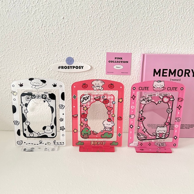 Kartun Puppy Rotatable Bingkai Foto 3inch Kpop idol Photocard Akrilik Display Frame Desktop Card Holder