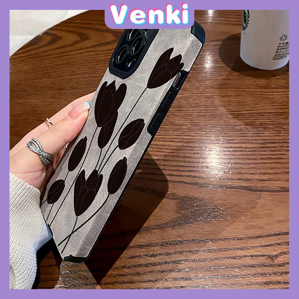 VENKI - Untuk iPhone 11 Case Leather Pupil Suede Case Soft Shockproof Case Camera Simple Black Flower Kompatibel dengan iPhone 14 13 Pro max 12 Pro max xr xs 7Plus 8Plus