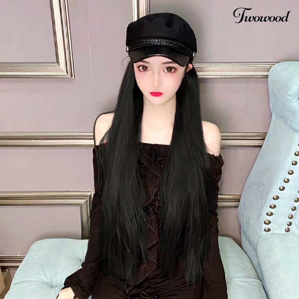 Twowood Wanita Fashion Rambut Palsu Panjang Gelombang Lurus Hairpiece Hair Extension Dengan Topi Berujung