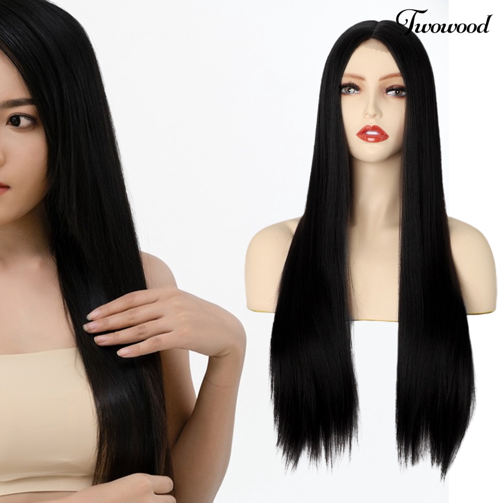 Twowood Rambut Wig Suhu Tinggi Sutra Feminim Berbulu Alami Tampak Lembut Sentuhan Rambut Styling Alat Kosmetik Wanita Hitam Panjang Lurus Wig Lady Use