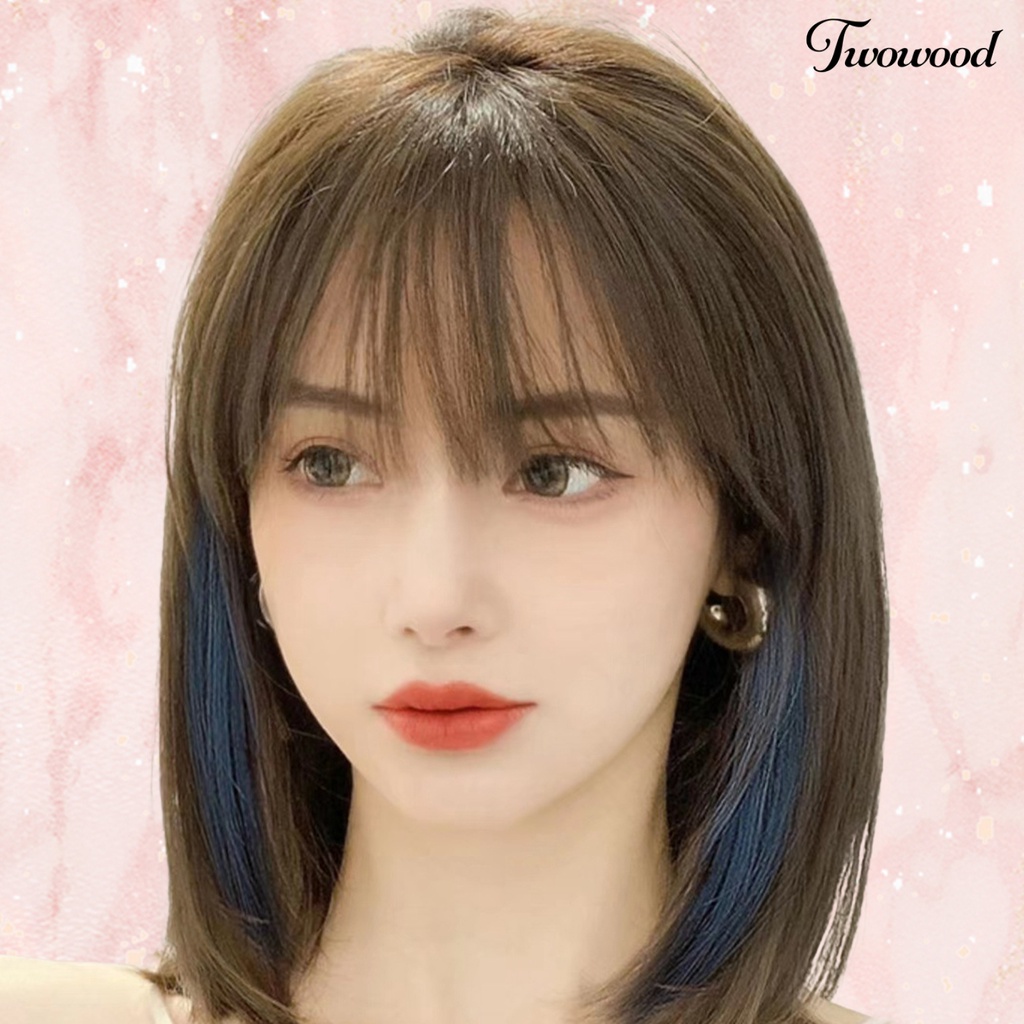 Twowood 1set Wanita Wig Berbulu Alami Tanpa Simpul Bernapas Rambut Styling Manusia Hidup Angka Delapan Poni Gantung Telinga Celup Wig Salon Pasokan