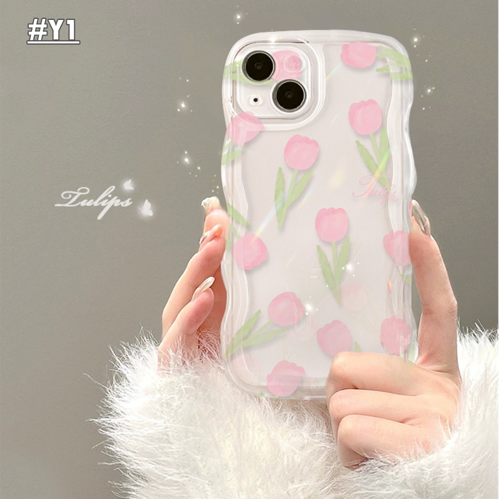 IPHONE Case Fashion Kompatibel Untuk Iphone7 14 8 6 6s Plus 11 14 12 13 Pro Max X 7Plus XR XS Max SE 2020 Fresh Minimalis Tulip 3D Wavy Curved Edge Phone Cover Dengan Bracket Bunga BY