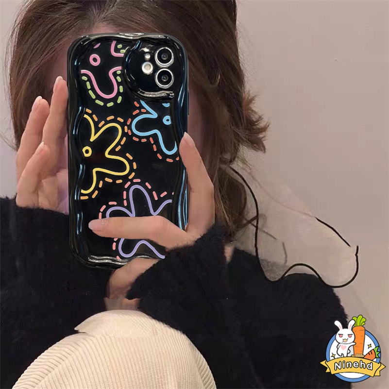 IPHONE Casing Kompatibel Untuk Iphone14 13 12 11 Pro Max X Xr Xs Max8 7 6 6s Plus Se2020Hitam Art Flower Floral Phone Case Wavy Curved Edge Soft Tpu Shockproof Airbag Glossy Back Cover