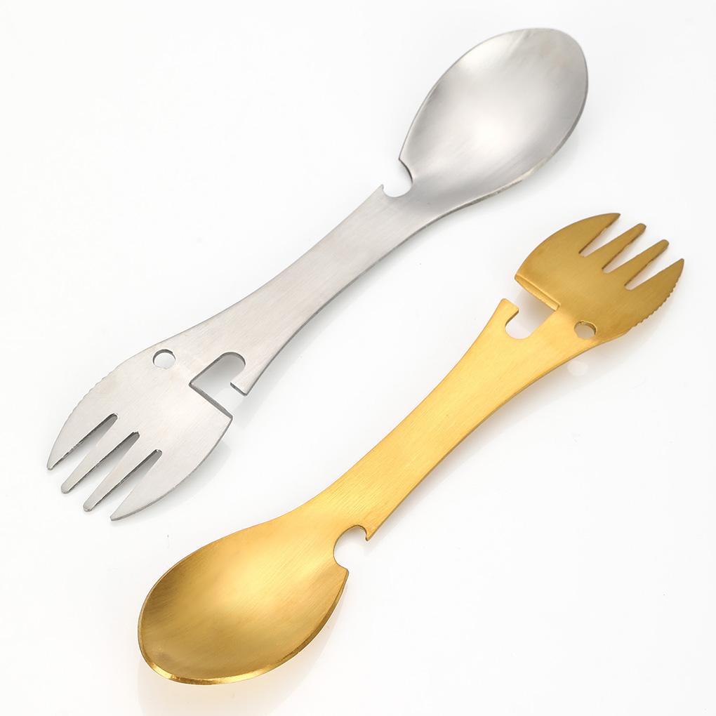 Spork Multifungsi Stainless Steel 5in1 Pisau Sendok Gantungan Kunci Pembuka Botol Alat Makan Untuk Camping Piknik Utensil