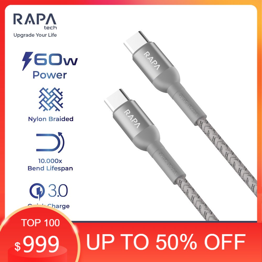 RAPAtech ORIGINAL KABEL DATA USB TYPE C to USB C PD SUPER FAST CHARGING 60W 100cm [DC1013-Grey] original bergaransi