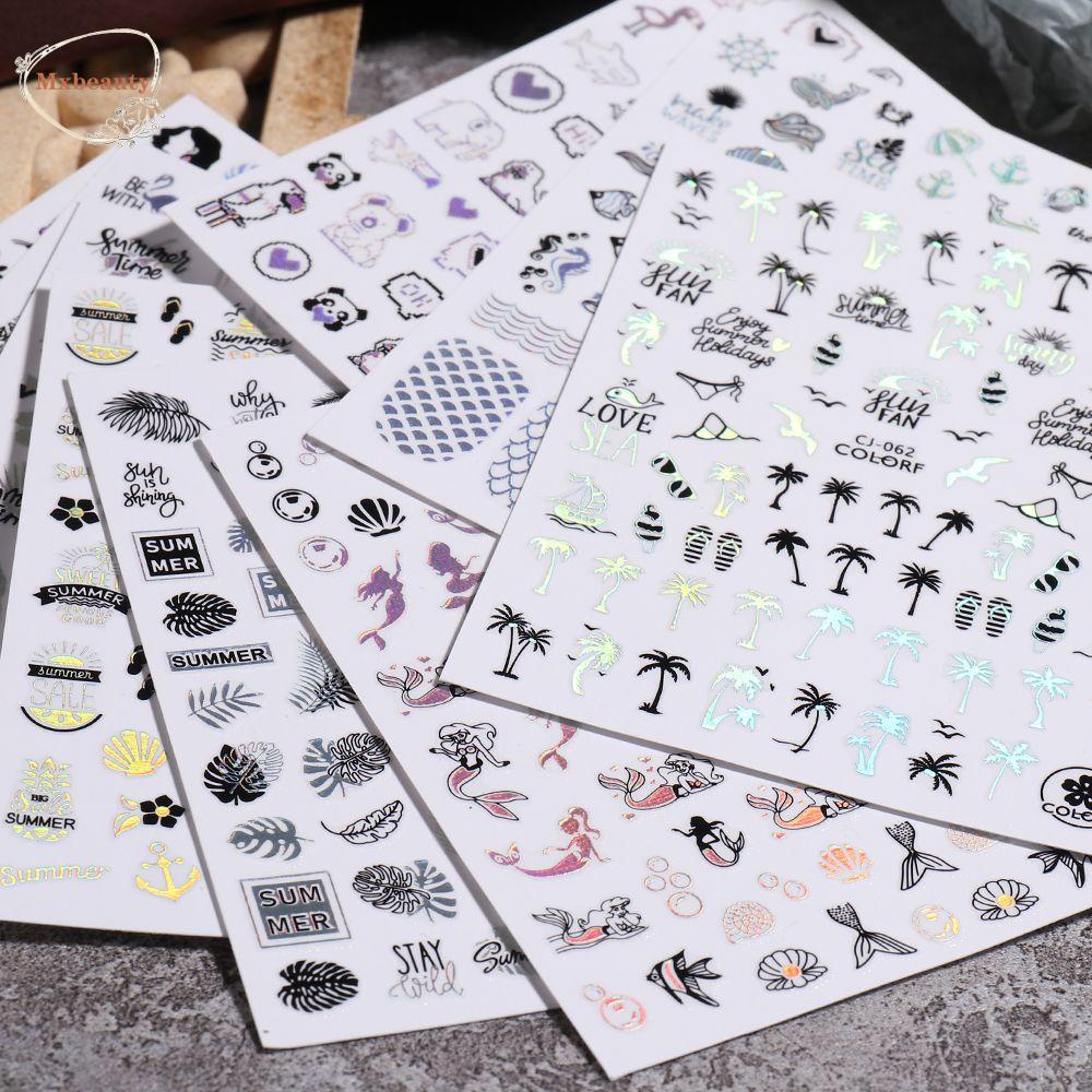 Mxbeauty Kartun Stiker Kuku 3D Musim Panas DIY Dekorasi Kuku Manicure Daun Mermaid Tanaman Nail Decal