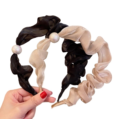 T&amp;Y Bando Bahan Satin Mutiara Kerut Fashion Bando Scrunchie Kerut Korea Headband Ruffle Bandana Import