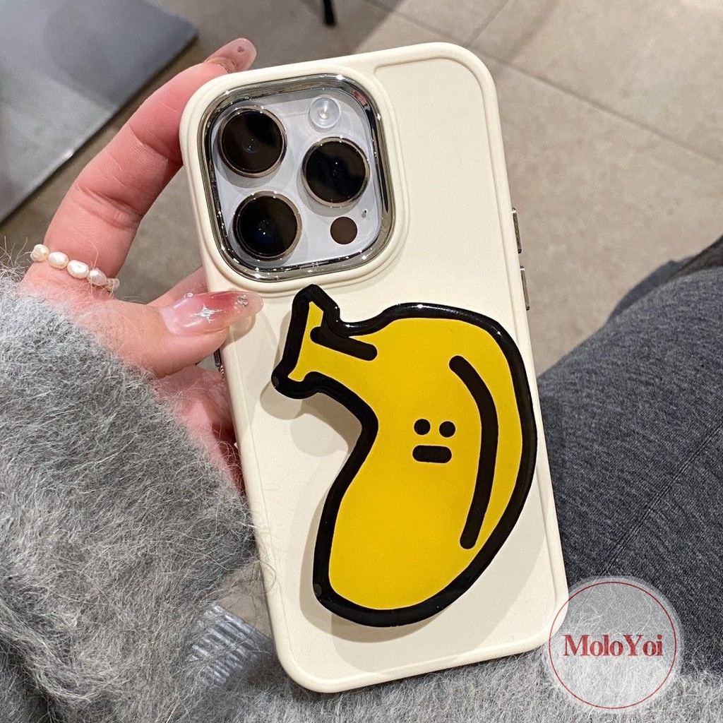 Warna Solid Casing Bingkai Lensa Logam Plating Sederhana Kompatibel Untuk IPhone XR XS X Max11 14 13 12 Pro Max8 7 Plus Kartun Puppy Bear Fries Pisang Aksesoris Bracket Soft Cover