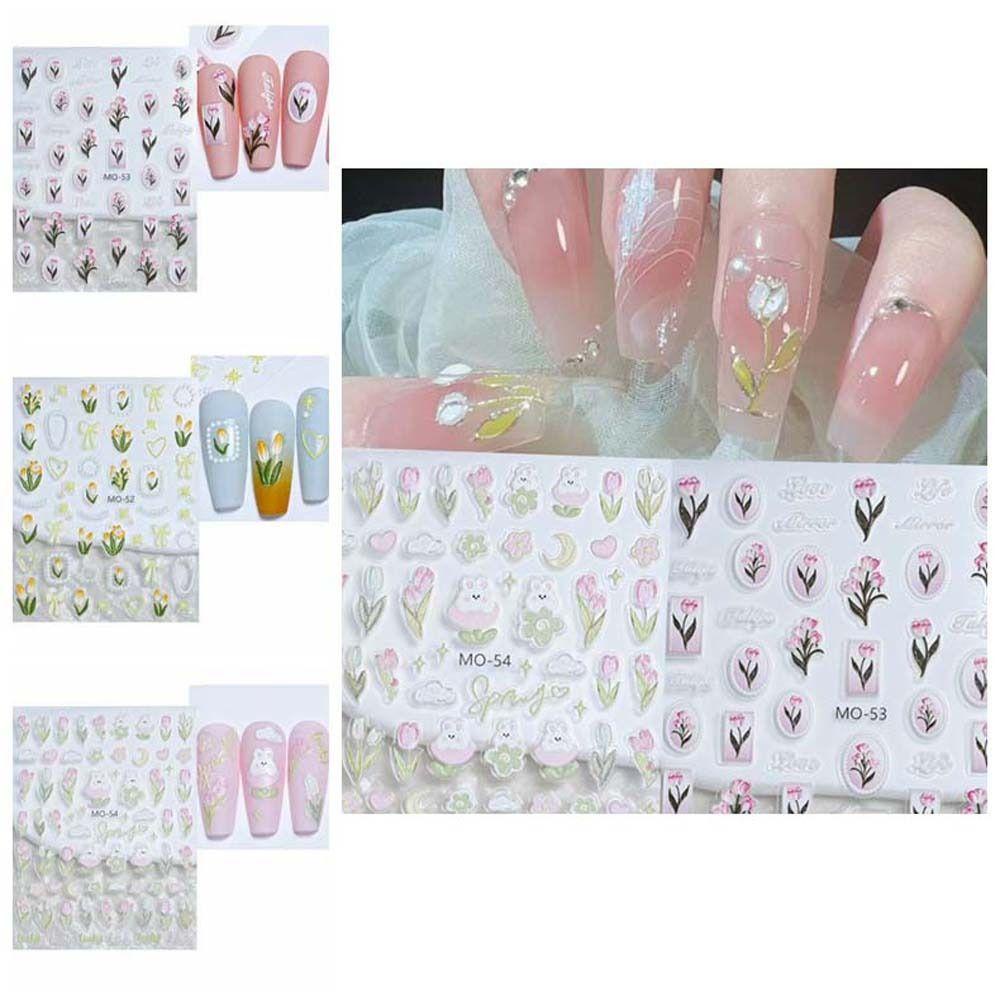 AUGUSTINA Agustina Stiker Kuku Daun Relief Kelinci Bunga Tulip Kartun Stiker Hiasan Kuku Untuk Wanita