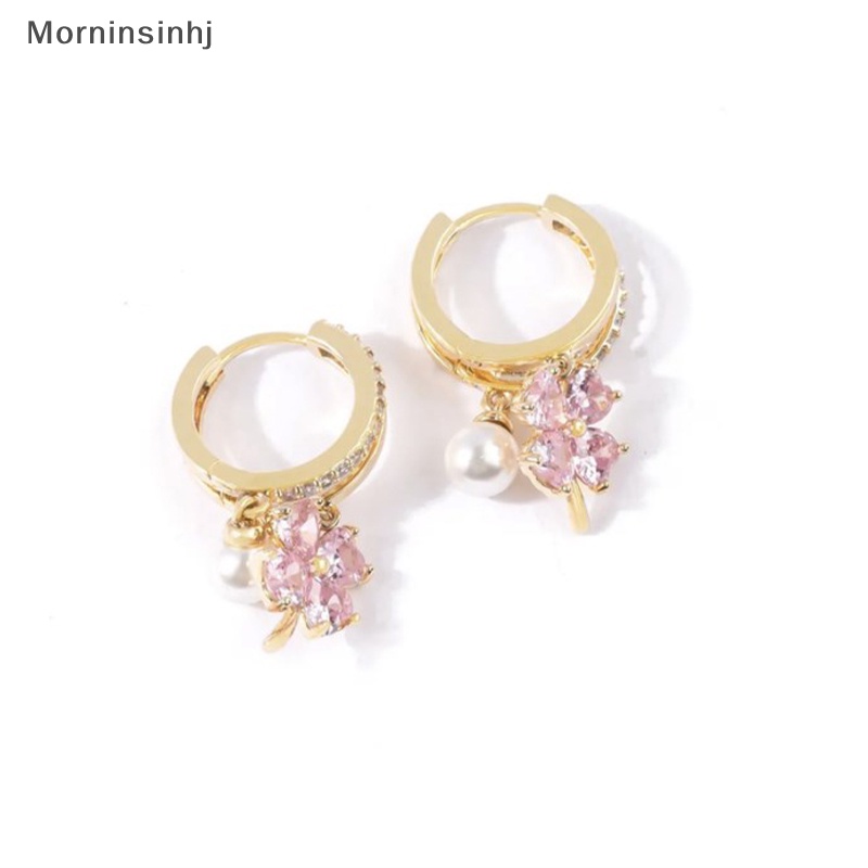 Mornin Anting Mutiara Bunga Empat Daun Kristal Merah Muda Untuk Wanita Yang Mewah, Rasa high-end, Temperamen Modis, Anting Merah Jala Trendi Baru id