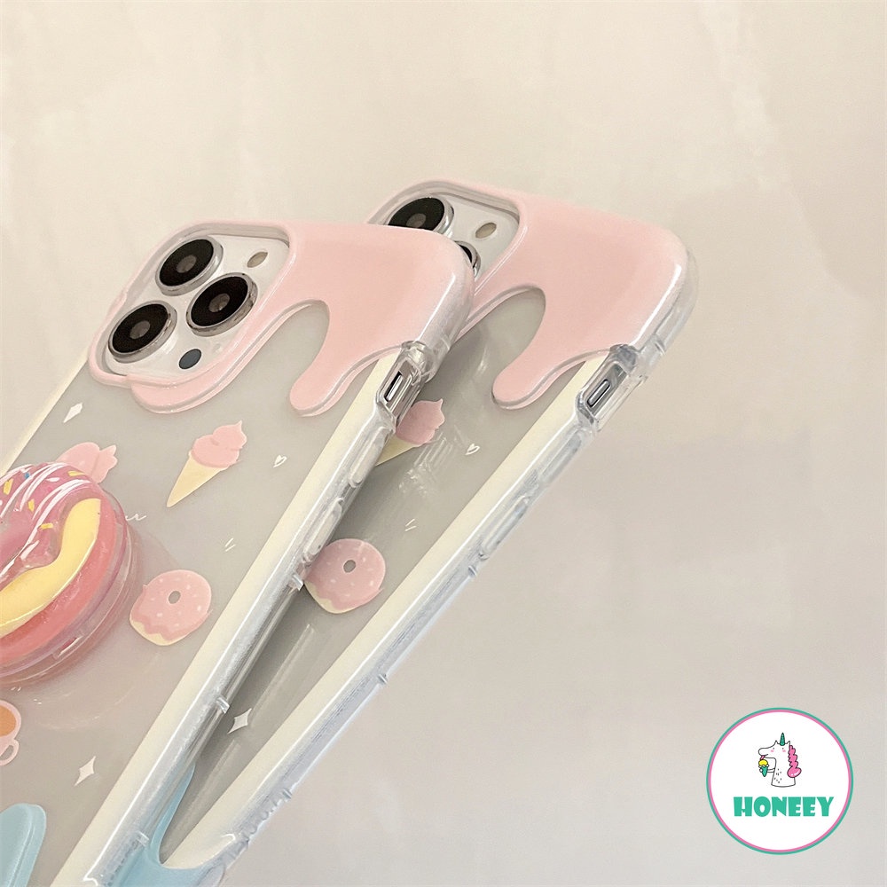 IPHONE Lucu 3D Donat Holder Stand Melted Ice Cream Soft Phone Case Untuk Iphone14 13 12 Pro Max11 Lovely Shockproof Back Cover