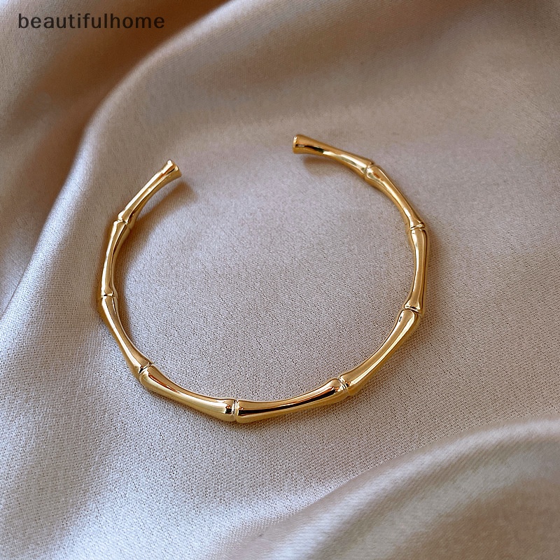 {beautifulhome} Vintage Bambu Bentuk Gelang Bangles Gelang Emas Yang Dapat Disesuaikan Trendi Perhiasan Fashion Wanita Perhiasan Retro Gadis Gelang Yang Tidak Biasa.