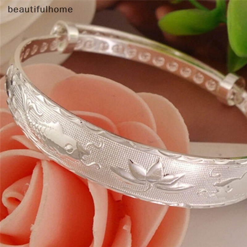 {beautifulhome} Perak Fashion Indah Ikan Dan Bunga Teratai Wanita Gelang Bangle Adjustable.