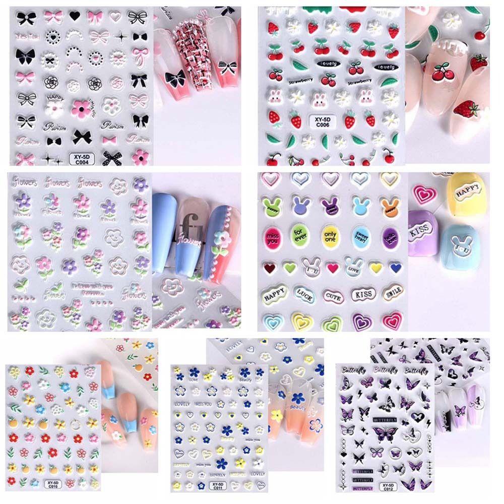 Mxbeauty Stiker Kuku Bunga Relief Cinta Hati Busur Stiker Kupu-Kupu Kartun Stiker Hiasan Kuku Untuk Wanita