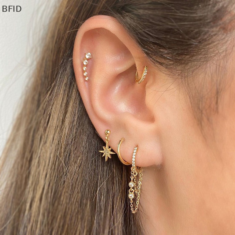 [BFID] 1set Anting Set Untuk Wanita Fashion Indah Berlian Imitasi Telinga Stud Rantai Drop Earrings Jewelry [ID]