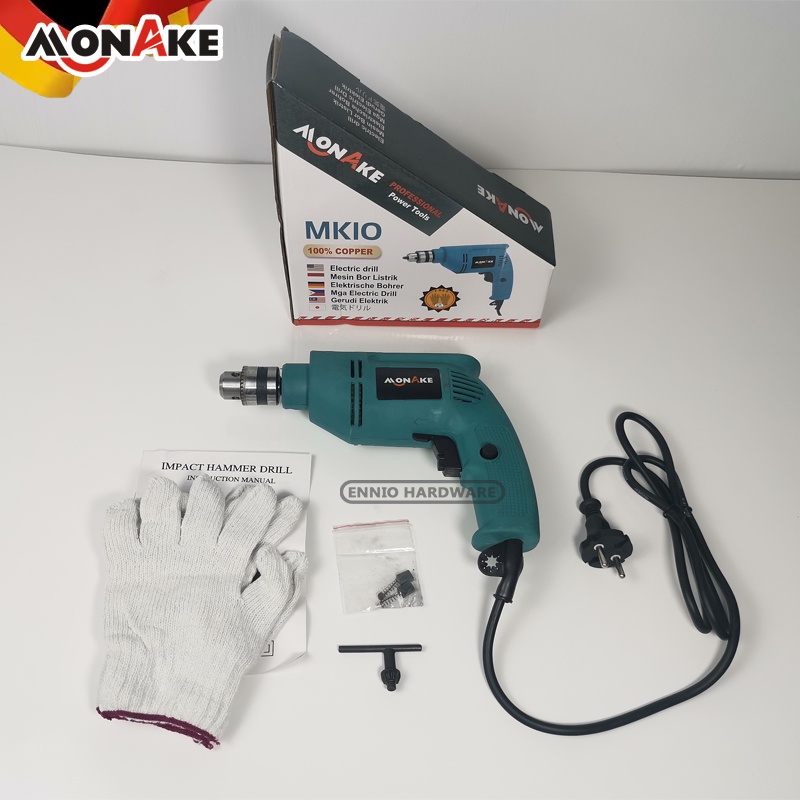 MONAKE Mesin Bor Listrik Impact Drill Electric Drill 10mm MK10 Bolak Balik Free Sarung Tangan