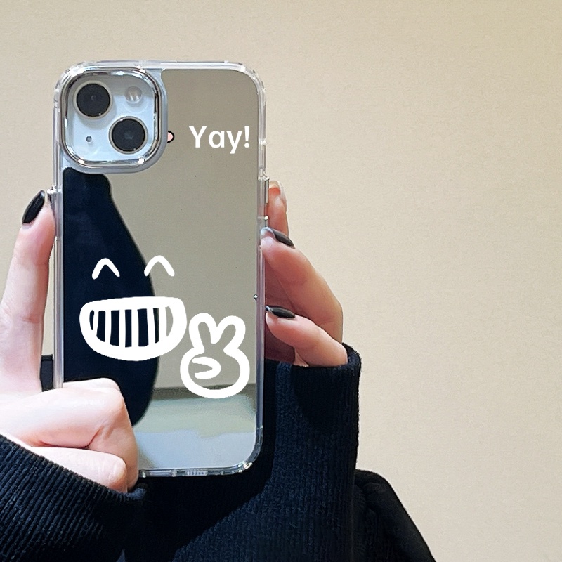 IPHONE Kartun Yay Emoji Mirror Phone Case Kompatibel Untuk Iphone11 12 13 14 12Pro 13Pro 14Pro Pro Max XR X XS Max Electroplating Tombol Perlindungan Mirror Cover