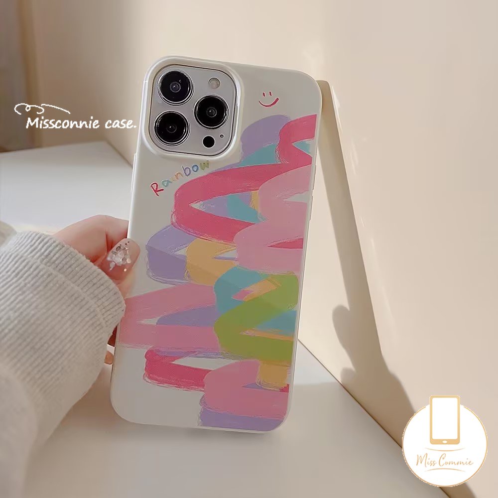 IPHONE Doodle Cat Warna-Warni Pelangi Case Kompatibel Untuk Iphone11 13 14 12 Pro Max 7Plus XR X XS Max7 8 Plus SE 2020 Glossy Halus Shockproof Lembut Tpu Penutup Belakang