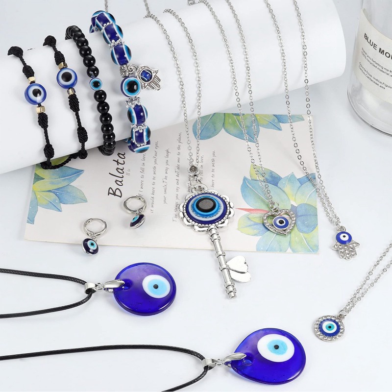 11pcs Evil Eye Kalung Liontin Untuk Wanita Pria Tali Kulit Anting Perlindungan Gelang Set Perhiasan