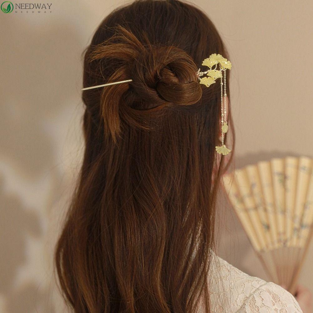 Needway Gaya Kuno Jepit Rambut Wanita Mutiara Antik Ginkgo Daun Jepit Rambut Cheongsam Bulang Hairstyle Alat Desain Rumbai Liontin Jepit Rambut Gaya Cina Hiasan Kepala
