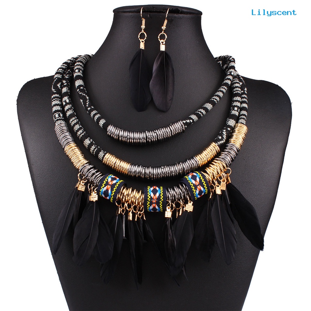 [LS]2Pcs /Set Bulu Rumbai Kalung Anting Set Multilayer Alloy Bohemian Etnik Perhiasan Set Perhiasan Aksesori