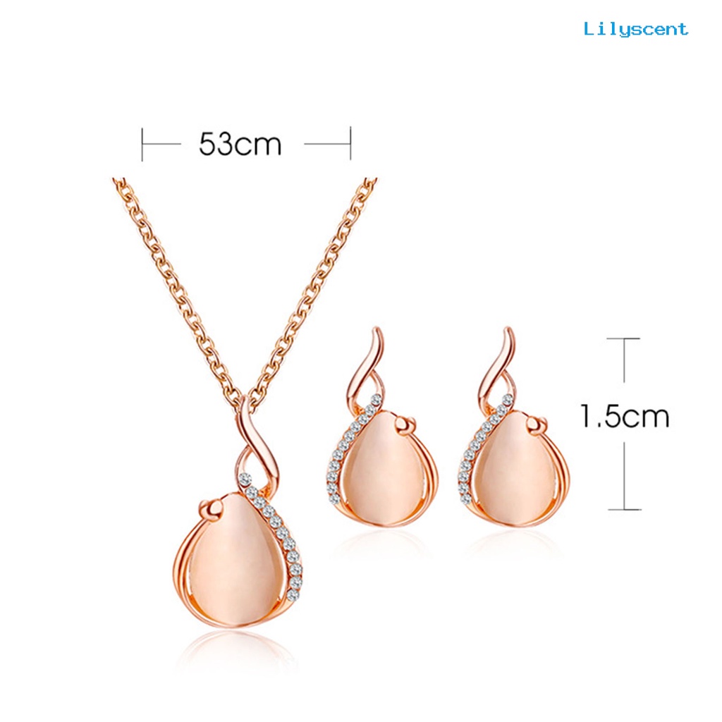 [LS]2Pcs/Set Shiny Noble Kalung Anting Set Alloy Water Drop Faux Opal Pendant Necklace Earrings Perhiasan Aksesori