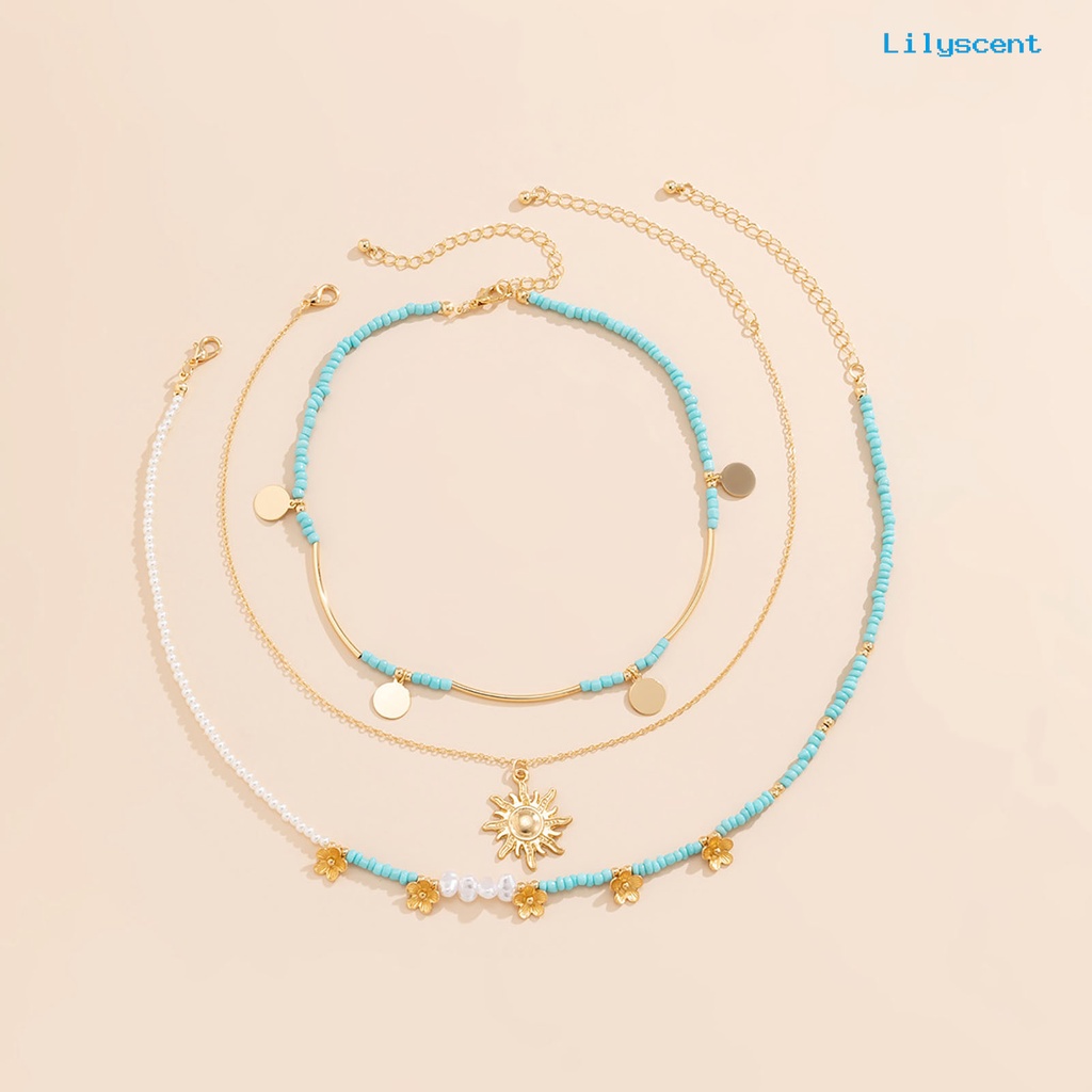 [LS]3 Pcs /Set Wanita Kalung Gaya Bohemia Multi Lapisan Mutiara Imitasi Payet Portable Lady Liontin Hadiah Ulang Tahun