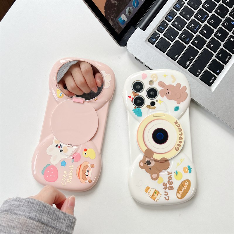 【Bow Mirror】So Cute Silicone SoftCase IPhone 11 12 13 14 Pro Max Women's Fashion Gift Phone Case Brand Gift Pink Rabbit Bear Makeup