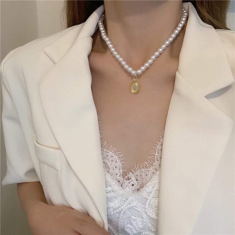 Jepang Korea Manis Super Temperamen Kalung Mutiara Perempuan Oval Tetesan Air Klavikula Rantai Niche ins Gaya Keren Kalung Perempuan Trendi