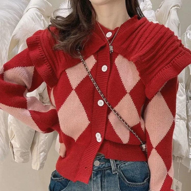 MONA WOMAN KNIT CARDIGAN IMPORT KOREAN STYLE BAJU RAJUT WANITA MUSIM DINGIN - MERAH