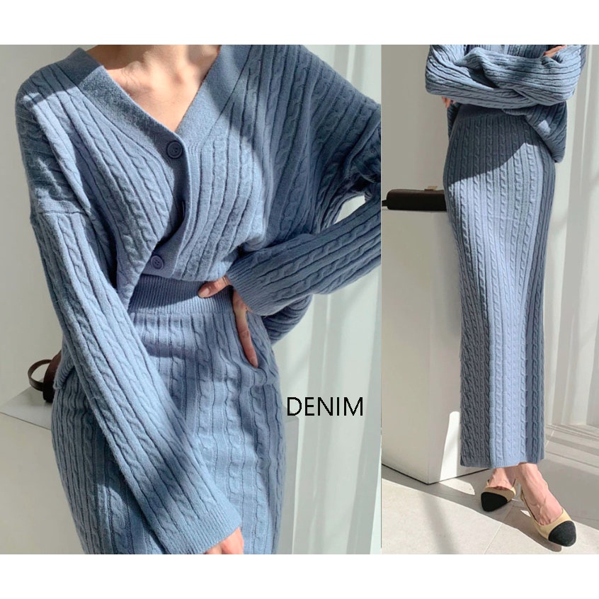 Rok maxi knit skirt motif cable dan cardigan set