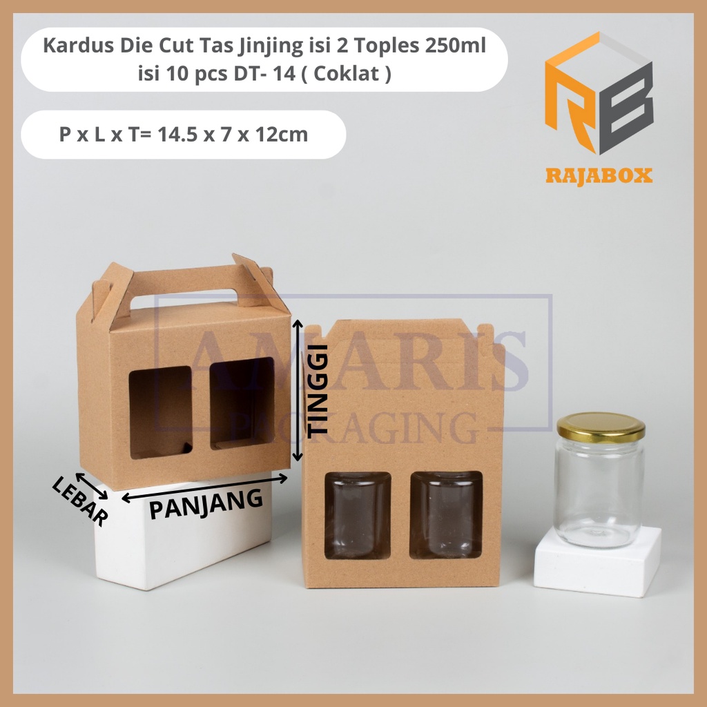 

DT-14 Kardus Die Cut Tas Jinjing Isi 2 Toples Jar 250 ml Isi 10 Pcs Amaris Packaging