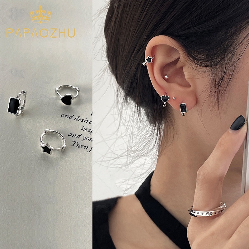 Papaozhu 1pasang Chic S925 Perak Hitam Bintang Hati Hoop Anting Untuk Wanita Perempuan Elegan Geometris Persegi Panjang Anting-Anting Fashion Telinga Perhiasan