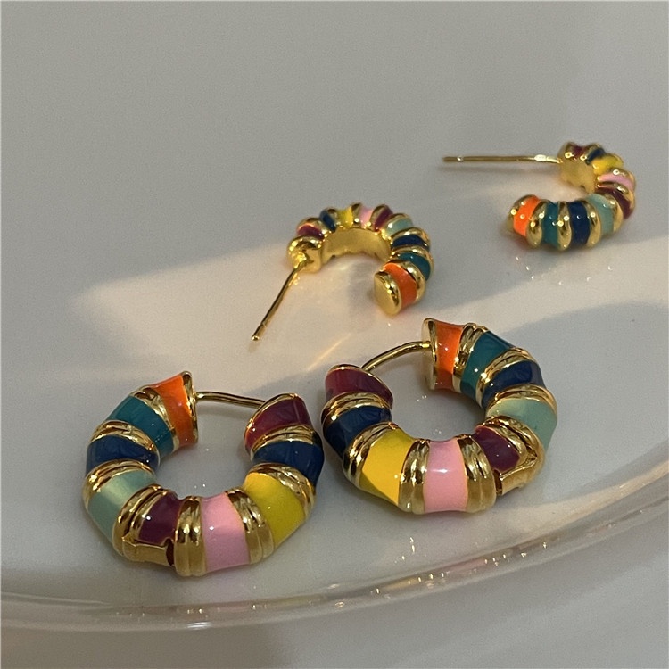 Aksesoris Anting Hoop Warna-Warni Retro Modis