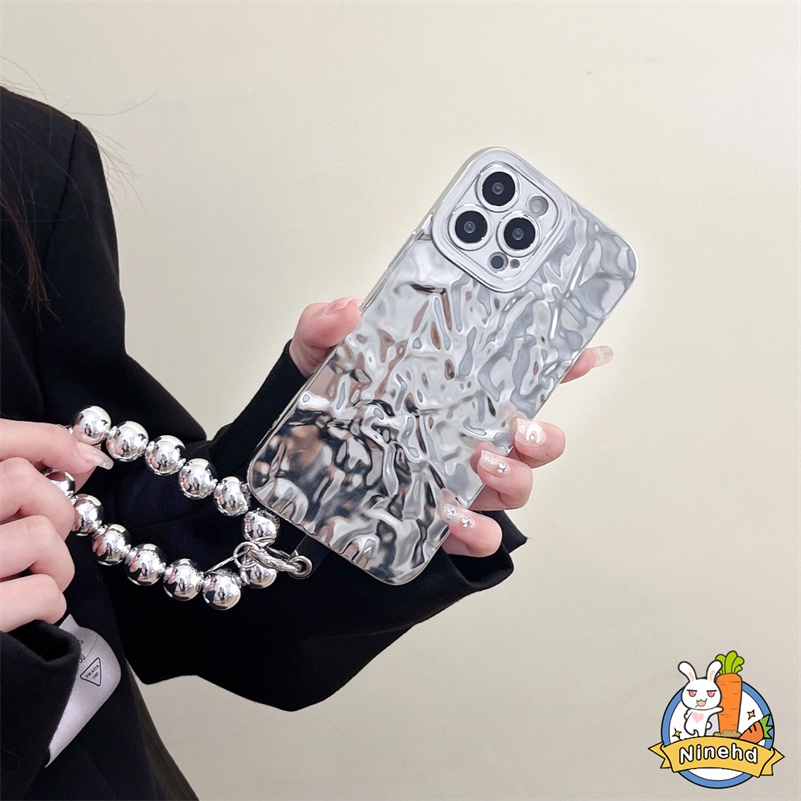 IPHONE Luxury 3D Plating Electroplated Silver Lipit Mutiara Tali Pergelangan Tangan Casing Ponsel Kompatibel Untuk Iphone14 13 12 11 Pro Max X Xr Xs Max8 7 6 6s Plus Se2020Sarung Pelindung Shockproof